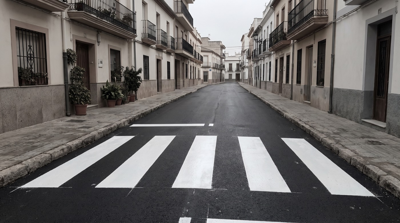 Paso de peatones pintado en una calle estrecha de casco urbano